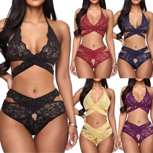 Two Pieces Sexy Lingerie Set Bra and Panty Sleepwear Set Lace Babydoll For Women - Picture 1 of 33