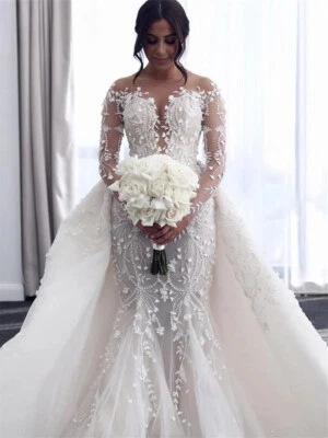 Vestidos de novia de manga larga Lurxry apliques de encaje tren desmontable vestidos de novia Foto 1 de 4
