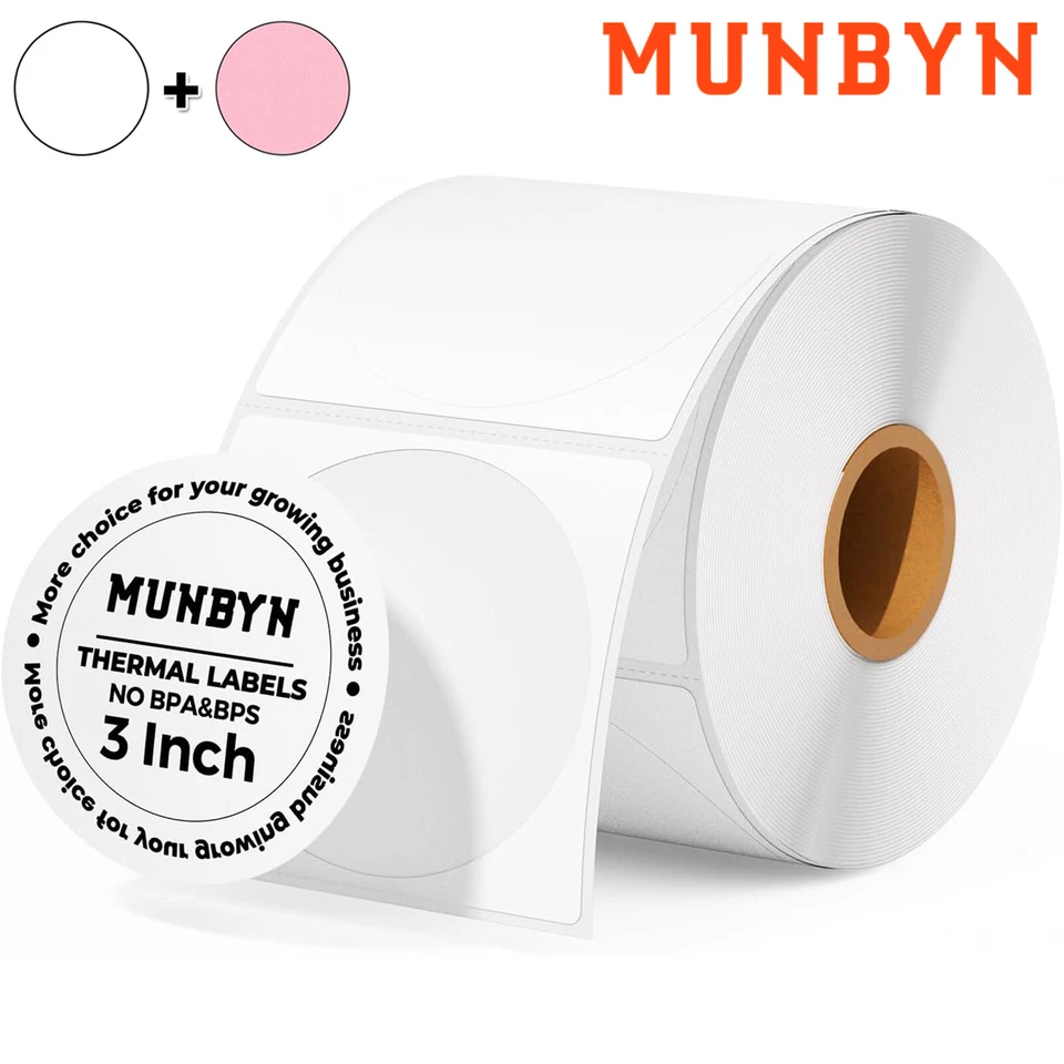 MUNBYN 3 in Circle Thermal Sticker Labels Self-Adhesive Round 500 Labels/1 Roll