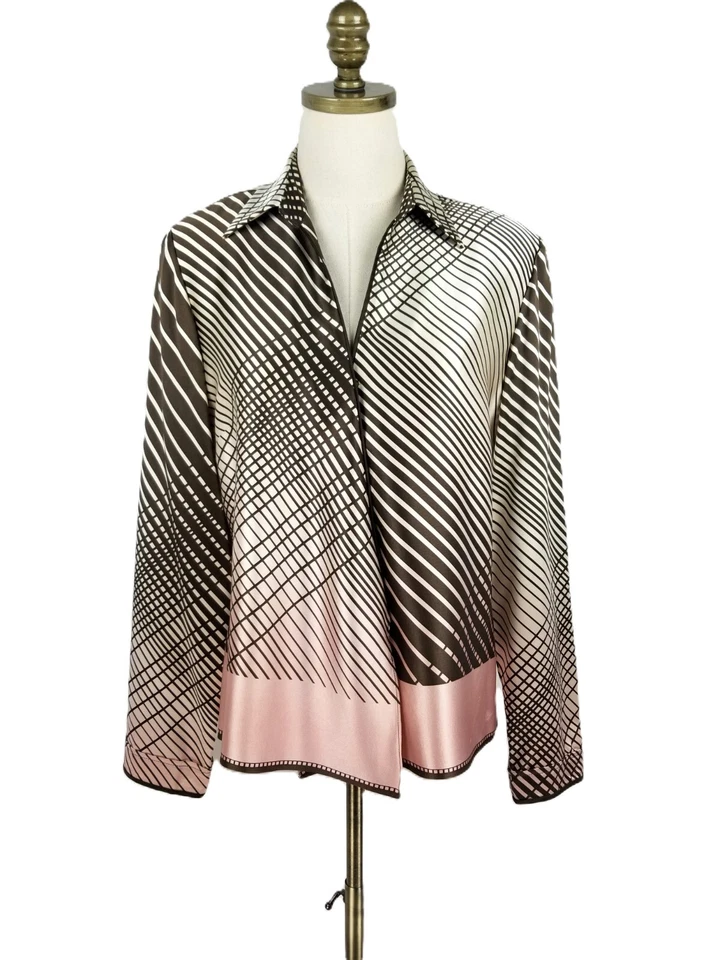 Blusa de seda Kay Unger Nova York rosa marrom linhas geométricas tamanho 10 manga longa - Imagem 1 de 4