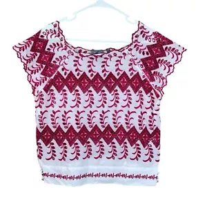 Anthropologie Vanessa Virginia Cropped Embroidered Eyelet Top White Pink Sz 8 - Picture 1 of 5