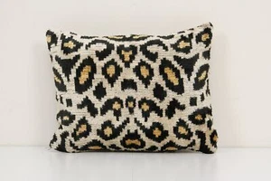 10" x 14" Leopard Ikat Velvet Pillow, Silk Lumbar Cushion Cover, Boho Pillow - Picture 1 of 5