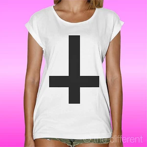 T-SHIRT DONNA WOMAN CROCE NERA CAPOVOLTA CROSS BLACK MINIMAL PICS IDEA REGALO  - Picture 1 of 1