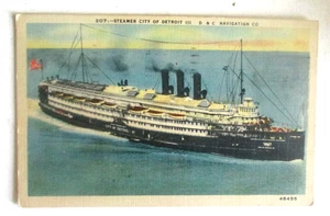 Postal de lino vintage de los años 40 de Steamer City of Detroit III D & C NAVIGATION CO - Imagen 1 de 2