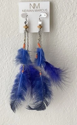 Pendientes Neiman Marcus Plumas Azules Largos Multi Cuentas Cadenas Plata Foto 1 de 3