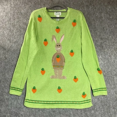 Quacker Factory Sweater Women Medium Green Bunny Carrots Easter Pullover Teacher - Image 1 of 4