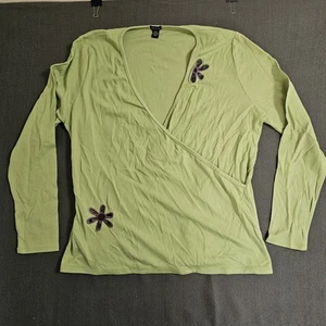 Nwot Enza 2XL Long-sleeve Green Flower Embrodered Womens Shirt - Picture 1 of 9