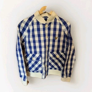 LYLE & SCOTT BOMBER JACKET Size Medium Embroidered Logo Blue & White Check Y2K  - Picture 1 of 15