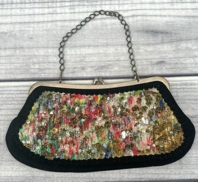 BOLSO DE NOCHE CLUTCH VINTAGE NEGRO BORDADO CON CUENTAS MONEDERO Foto 1 de 4