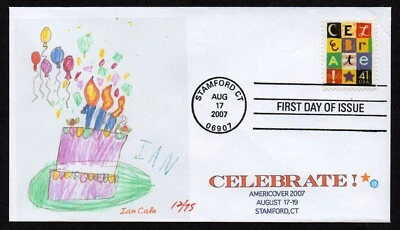 USA, SCOTT # 4196, LIMITED HANDPAINTED IAN CALLE FDC COVER 2007 CELEBRATE, CAKE - Image 1 of 2