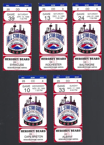 1995-96 Hershey Bears (AHL) Ticket Stubs--lot of 5 different Cover
