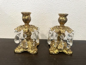 6" VINTAGE  Hollywood Regency Brass Crystals Candle Stick Holders Set of 2 - Picture 1 of 4