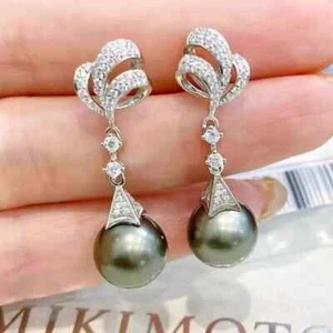 Atemberaubender riesiger AAA 9-10mm Tahiti Runde Schwarze Perle Ohrhänger 925er - Bild 1 von 3