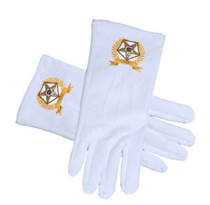 OES Star Face Cotton White Gloves Golden Laurel. Order of the Eastern Star