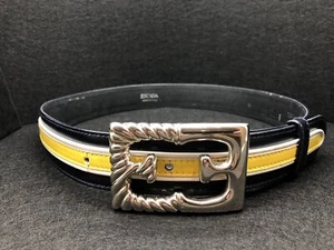 Vtg 1990s ESCADA Silver Tone EE Logo Buckle Blue Yellow Leather Italy 29”-32” - Picture 1 of 9