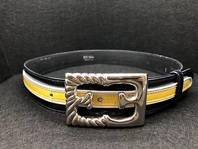 Vtg 1990s ESCADA Silver Tone EE Logo Buckle Blue Yellow Leather Italy 29”-32” - Image 1 of 4