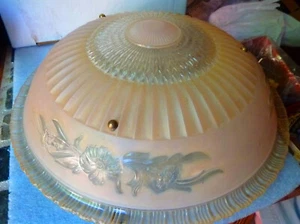 Vintage Art Deco Ceiling Fixture 3 Chain 3 Light Chandelier Pink - Picture 1 of 4