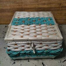 Vintage Wicker Sewing Basket Blue Satin Lining Pin Cushion Lid Includes Notions
