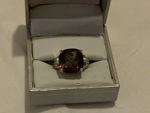 Sterling Silver Cushion Checkerboard Smoky Quartz Ring Size 5 3/4 - Picture 1 of 4