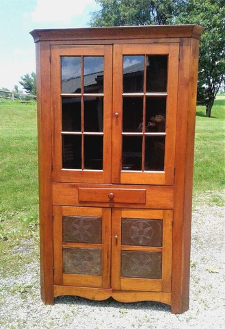 Rare Antique Cherry Corner Cupboard Pie Safe Cabinet 1860s One Piece Cover