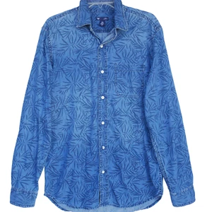 GAP Slim Mens M Fit Blue Palm Leaves Print Long Sleeve Cotton Shirt - Picture 1 of 10