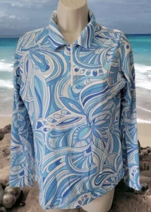 Icikuls Blue Floral Kaleidoscopic1/4 Zip Sun Shirt Beach Athleisure Preppy S - Picture 1 of 8
