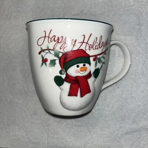 Winterberry by Pfaltzgraff Mug Happy Holidays Snowman Holly Berries Green Trim - Picture 1 of 8