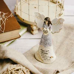 50th Birthday 6" Angel Holding 50th Silver Design & Heart - Resin - Picture 1 of 10