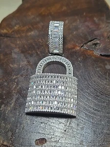 Sterling Silver Large Lock CZ Rhinestone 925 Pendant - Picture 1 of 14