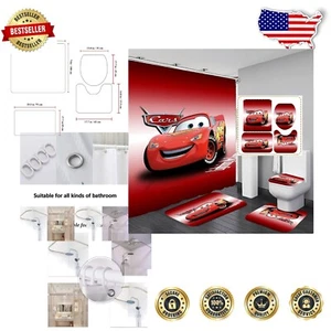 Colorful Cartoon Boys 4-Piece Bathroom Set with Waterproof Shower Curtain - Picture 1 of 9