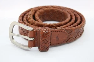 VINTAGE Polo Ralph Lauren Belt Size 40 100 Brown Woven Braided Leather Silver - Picture 1 of 3