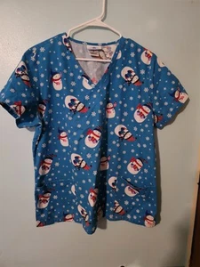 SB Scrubs Snowmen On Turquoise Scrub Top  - sz M - Picture 1 of 4