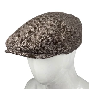 VINTAGE Tweed Wolle Flat Hat XL 60cm Fischgrät Mod braun Golf - Bild 1 von 7