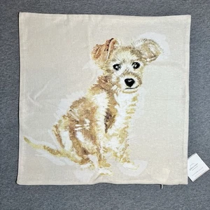 Pottery Barn Pillow Cover 18x18 Dog Puppy Print Beige Cotton Linen Blend New - Picture 1 of 5