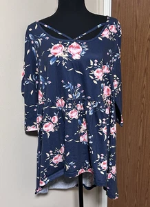Mujeres Bloomchic US 14-16 Plus Babydoll Top Azul Marino Floral Blusa Elastizada Camisa Larga - Imagen 1 de 8