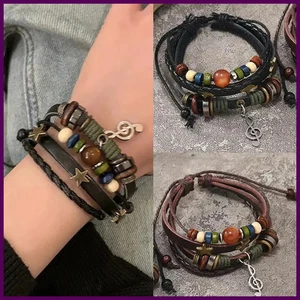 Pulsera de cuero marrón diseño hippie hecha a mano para mujer metal estrella nota dijes madera - Imagen 1 de 31