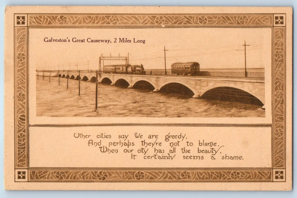 c1910 Galveston Texas TX Vintage Postcard Great Causeway 2 Miles Long Railroad - Image 1 of 2