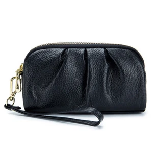 Womens Genuine Leather Double Zipper Clutch Wallet Handbag with Wristlet Gift - Picture 1 of 11