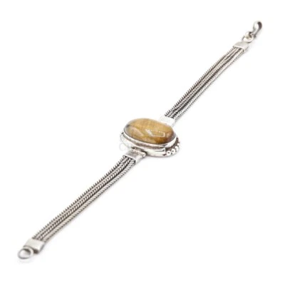 Pulsera hecha a mano de cadena ovalada de piedras preciosas de ojo de tigre natural real de plata de ley 925 Foto 1 de 3