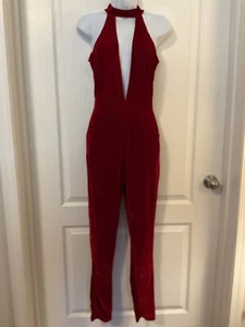 Red Velvet Jumpsuit with High Neck Plunging V Front and Back Size  -B27 - Picture 1 of 10