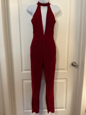 Red Velvet Jumpsuit with High Neck Plunging V Front and Back Size  -B27 - Image 1 of 4
