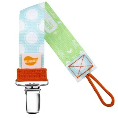 Blue & White Polka Dots Pacifier Clip - Ulubulu Binky Clip works with all pacis - Image 1 of 3