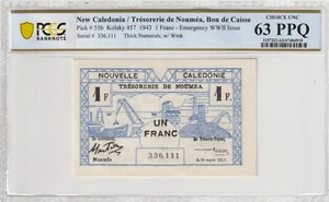 New Caledonia 1943 1 Franc Certified PCGS Banknote UNC 63 PPQ Pick 55b - Picture 1 of 2