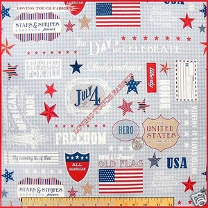 RILEY BLAKE PATRIOTIC JULY 4TH FLAG STARS WORDS SAYING FABRIC 1/2 YD 18" X 44" - Picture 1 of 1