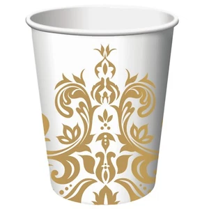 Gold Cups Anniversary Paper Cups 18ct Gold and White Fancy Cups Party Supplies - Picture 1 of 1