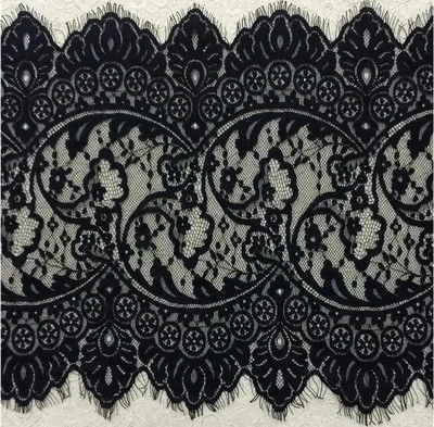 3 Yards Black Floral Embroidered Eyelash French Mesh Lace Trim/13 inches Wide - Image 1 of 4