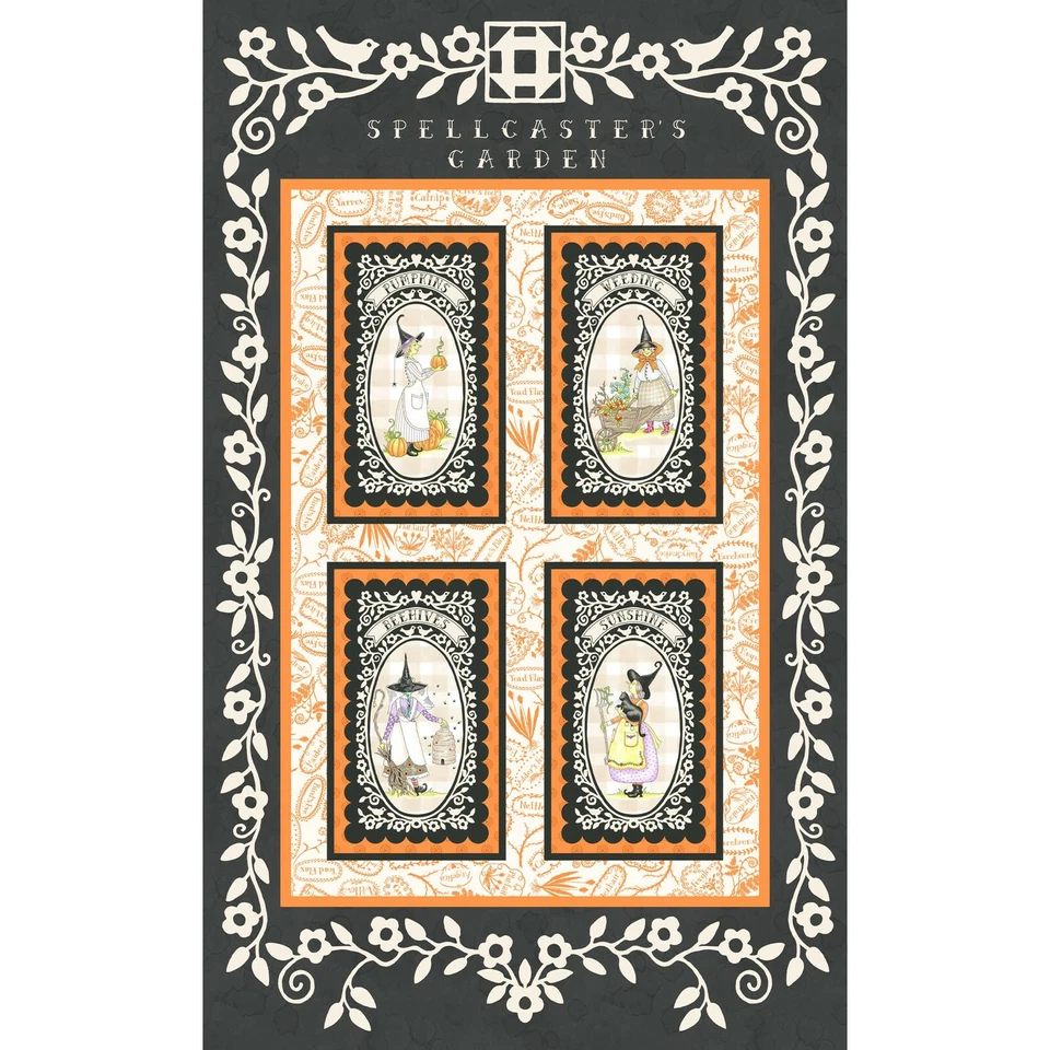 Spellcaster's Garden Halloween Witch fabric Black Orange White panel 27 x 44  - Image 1 of 1