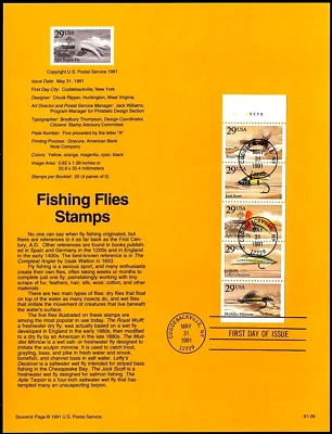 Official Fishing Flies First Day Souvenir Page May 31 1991 2549a Plate # A32225 - Image 1 of 2