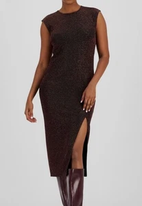 Bar III Women's Brown Strong Shoulder Side-Slit Midi Dress Size S - Picture 1 of 2