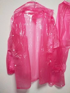 Clear pink soft PVC vinyl rainsuit translucent hooded jacket pants raincoat - Picture 1 of 14